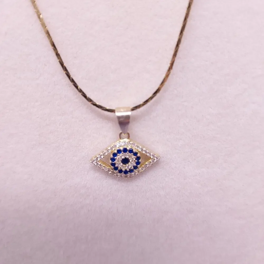 Evil Eye Pendant 14mm Chain Blue Clear Rhinestones Pendant Marked 925 UNTESTED